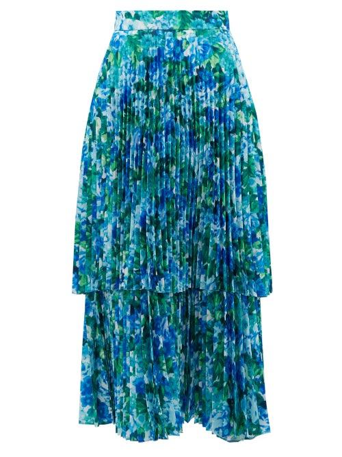 Matchesfashion.com Richard Quinn - Pleated Floral-print Satin Midi Skirt - Womens - Blue Print