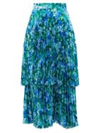 Matchesfashion.com Richard Quinn - Pleated Floral-print Satin Midi Skirt - Womens - Blue Print