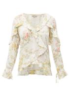 Matchesfashion.com D'ascoli - Bedford Floral Print Ruffle Trim Silk Top - Womens - Yellow