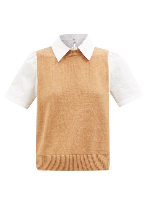 Staud - Arya Layered Knit-panelled Poplin Shirt - Womens - Camel