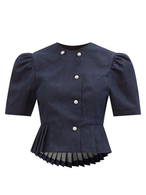 Matchesfashion.com Batsheva - Kat Peplum-hem Denim Jacket - Womens - Dark Denim