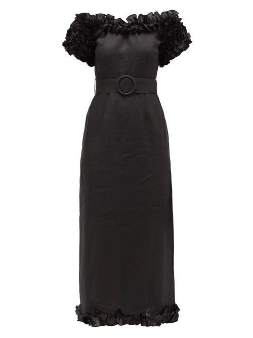 Matchesfashion.com Gl Hrgel - Ruffled Off-the-shoulder Linen Dress - Womens - Black