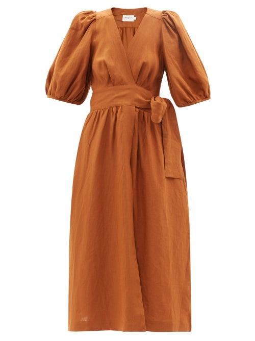 Three Graces London - Fiona Puff-sleeve Linen Wrap Dress - Womens - Dark Tan