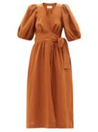 Three Graces London - Fiona Puff-sleeve Linen Wrap Dress - Womens - Dark Tan