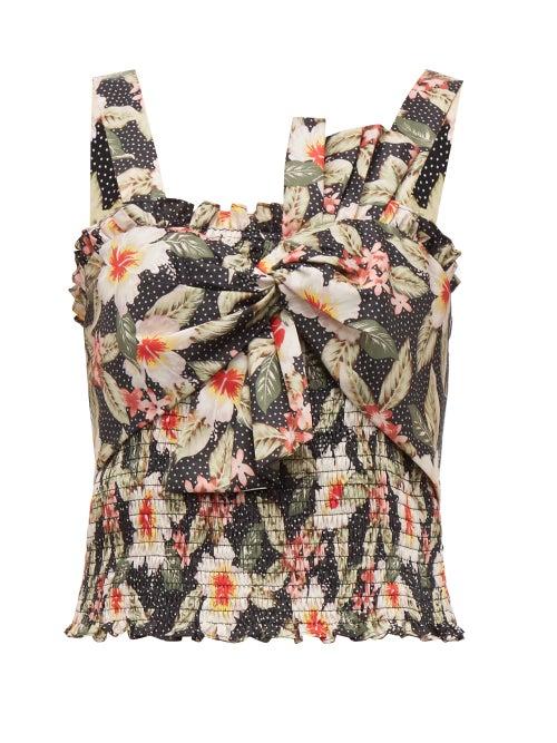 Matchesfashion.com Rebecca Taylor - Kamea Shirred Floral Print Cotton Top - Womens - Black Multi