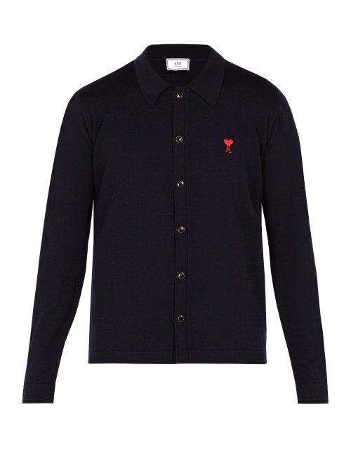 Matchesfashion.com Ami - Logo Embroidered Merino Wool Cardigan - Mens - Navy