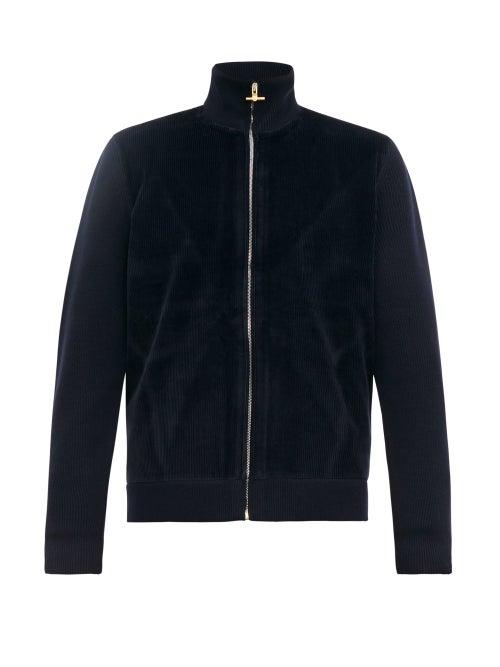 Matchesfashion.com Dunhill - Zip Through Merino Wool Corduroy Sweater - Mens - Blue