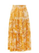 Ladies Beachwear Zimmermann - Mae Palm-print Tiered Cotton Midi Skirt - Womens - Yellow Print