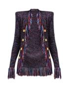 Matchesfashion.com Balmain - Fringed Single Breasted Tweed Jacket - Womens - Navy Multi