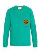 Matchesfashion.com Gucci - V Neck Tiger Intarsia Wool Sweater - Mens - Blue