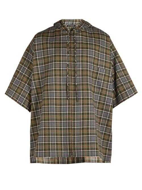 Matchesfashion.com Balenciaga - Hooded Short Sleeved Plaid Shirt - Mens - Grey