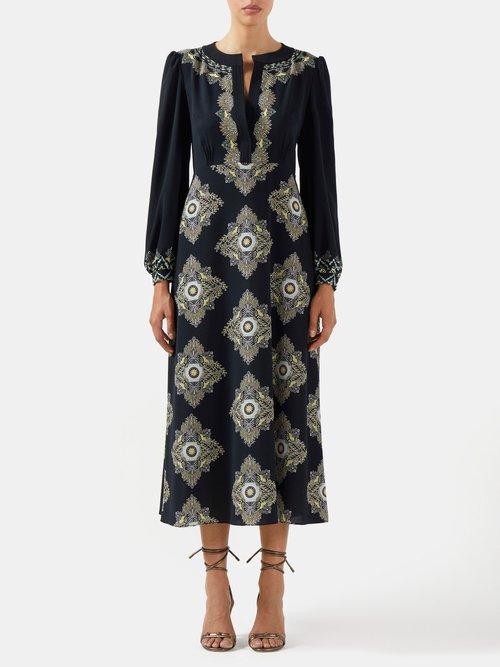 Etro - Geometric-jacquard Midi Dress - Womens - Blue
