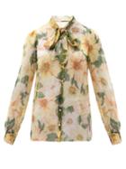 Matchesfashion.com Dolce & Gabbana - Pussy-bow Camellia-print Silk-chiffon Blouse - Womens - Yellow Multi