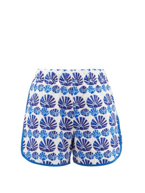 La Doublej - Piazza-print Cotton-terry Shorts - Womens - Blue White
