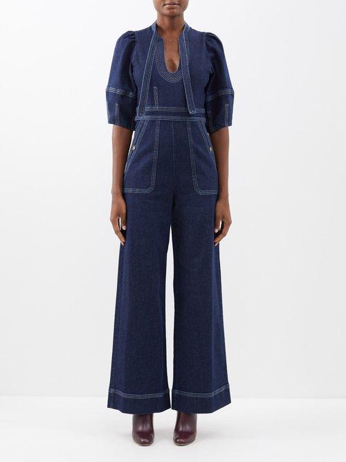 Wiggy Kit - U-neck Topstitched Denim Jumpsuit - Womens - Mid Denim
