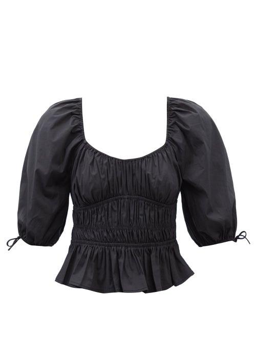 Staud - Faye Puff-sleeve Shirred Poplin Top - Womens - Black