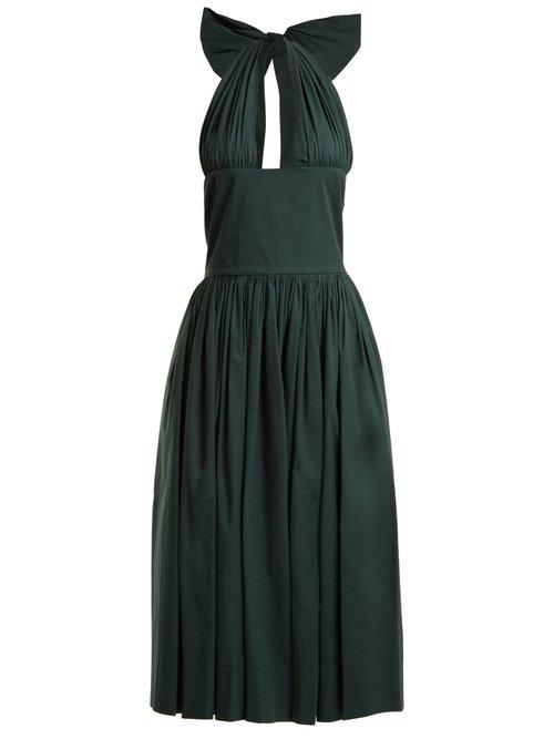Matchesfashion.com Rochas - Tie Neck Stretch Cotton Dress - Womens - Dark Green
