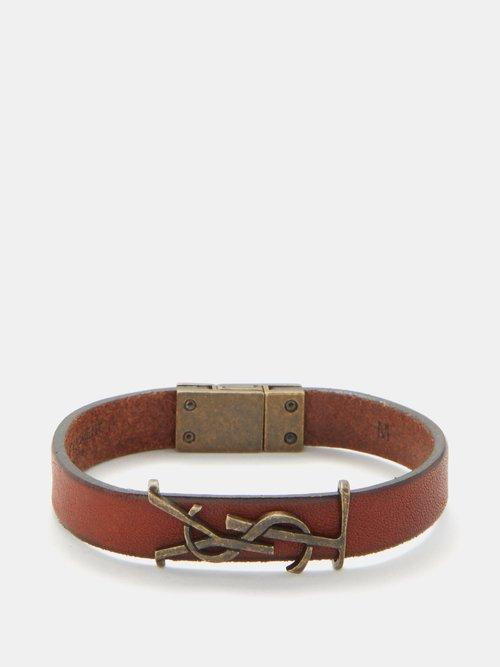 Saint Laurent - Logo-plaque Leather Bracelet - Womens - Brown Multi