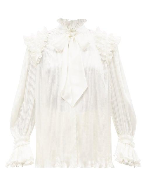 Alexandre Vauthier - Ruffled Pussy-bow Pleated-satin Blouse - Womens - White