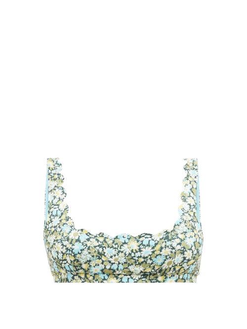 Marysia - Palm Springs Floral-print Scallop-edge Bikini Top - Womens - Blue Floral