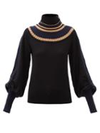 Matchesfashion.com Chlo - Ribbed High-neck Balloon-sleeve Wool Sweater - Womens - Navy Multi