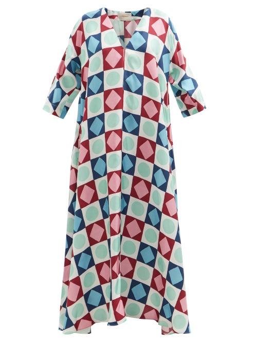 La Doublej - Muumuu Diamond Dots-print Silk-twill Maxi Dress - Womens - Burgundy Print