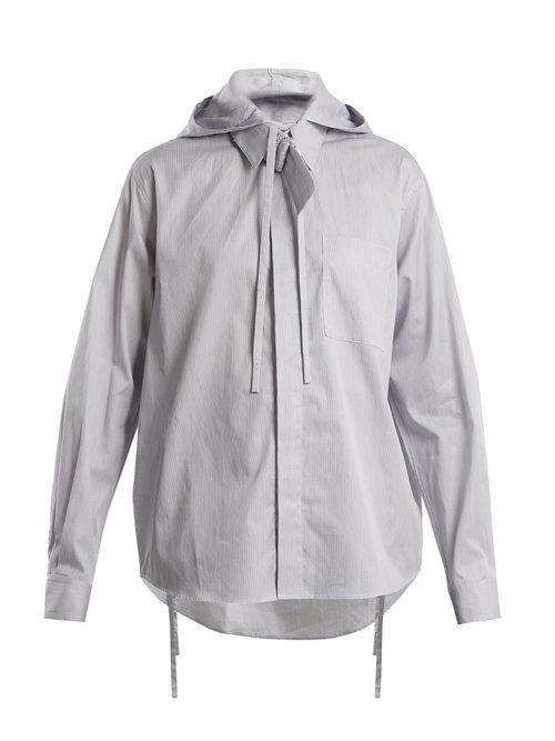 Matchesfashion.com Craig Green - Striped Tie Neck Hooded Cotton Shirt - Womens - Blue Stripe