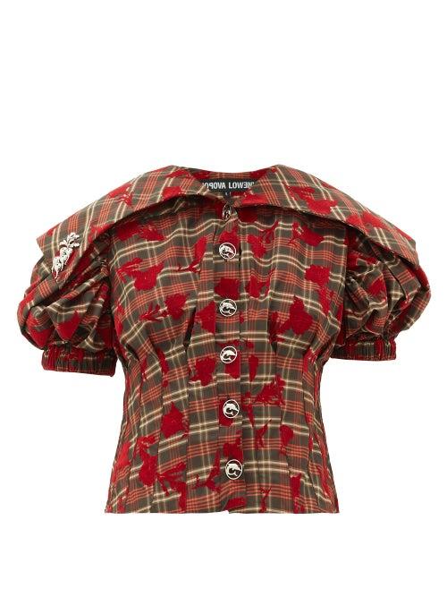 Matchesfashion.com Chopova Lowena - Checked Floral-flocked Puff-sleeve Top - Womens - Black Red