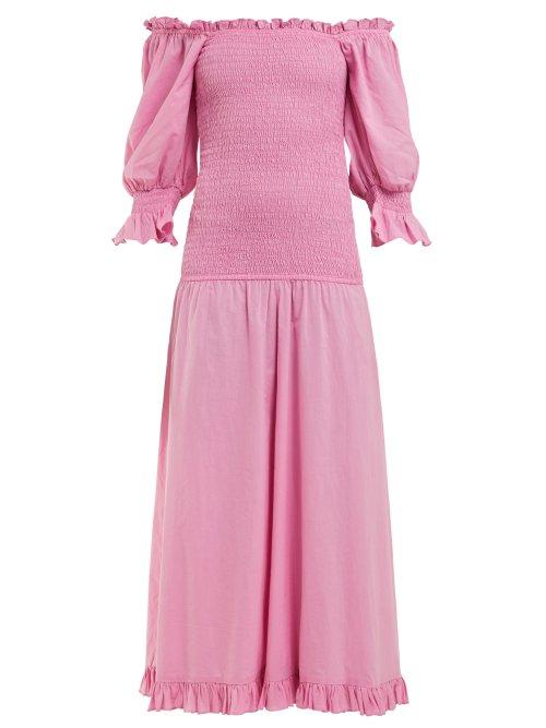 Matchesfashion.com Rhode Resort - Eva Off The Shoulder Smocked Cotton Dress - Womens - Pink