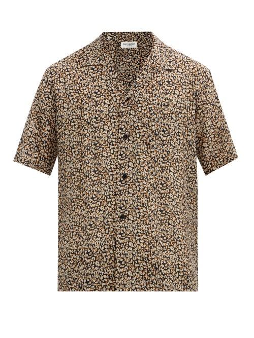 Saint Laurent - Leopard-print Silk Short-sleeved Shirt - Mens - Brown