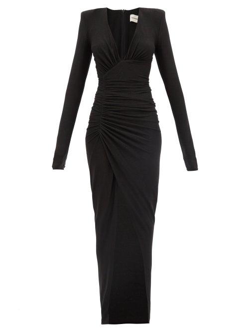 Ladies Rtw Alexandre Vauthier - Plunge-neck Ruched Lam Dress - Womens - Black