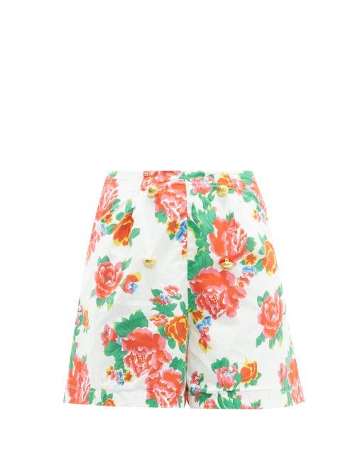 Matchesfashion.com Rhode - Reese High Rise Floral Print Cotton Voile Shorts - Womens - White Print