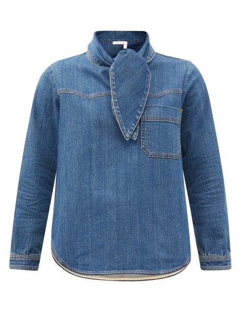 Matchesfashion.com See By Chlo - Tie-neck Cotton-blend Denim Top - Womens - Denim