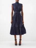 Alexander Mcqueen - High-neck Gathered Satin Midi Dress - Womens - Navy