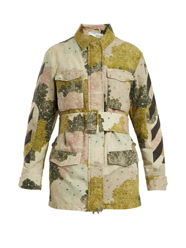 Off-white Floral-print Point-collar Belted Cotton Jacket