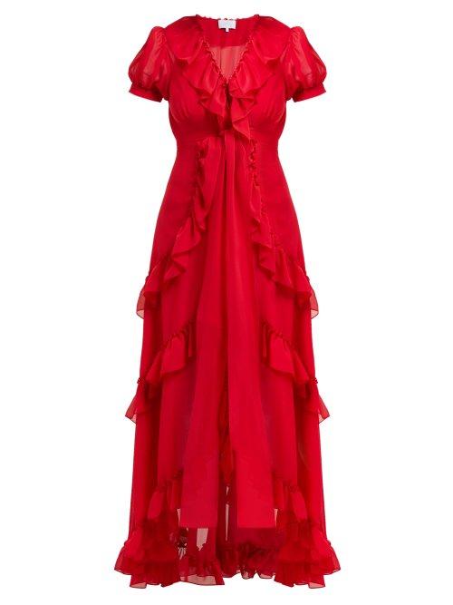 Matchesfashion.com Luisa Beccaria - Ruffle Trimmed Chiffon Dress - Womens - Burgundy