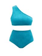 Bottega Veneta - Intrecciato-jacquard One-shoulder High-rise Bikini - Womens - Blue