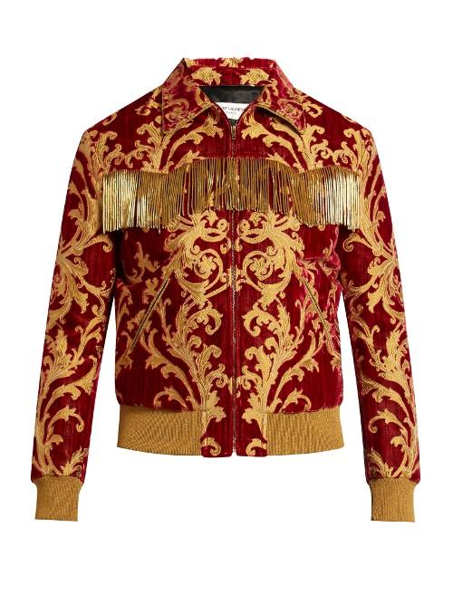Saint Laurent Fringed-trimmed Velvet Jacquard Jacket