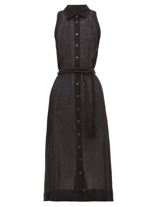 Matchesfashion.com Lisa Marie Fernandez - Alison Belted Linen Blend Shirtdress - Womens - Black