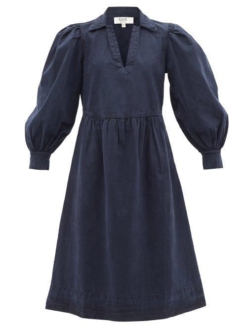 Sea - Cara Balloon-sleeve Cotton-chambray Midi Dress - Womens - Navy