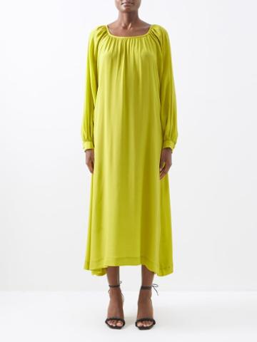 Fil De Vie - Ella Square-neck Silk-crepe De Chine Dress - Womens - Yellow