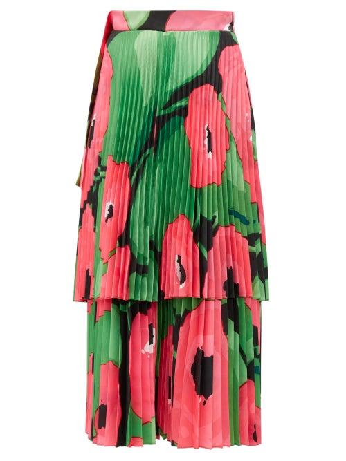Matchesfashion.com Richard Quinn - Poppy Print Pleated Satin Midi Skirt - Womens - Pink Multi
