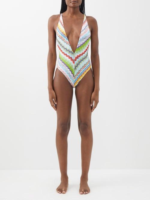 Missoni - Chevron-knitted Plunge-neck Swimsuit - Womens - Multi