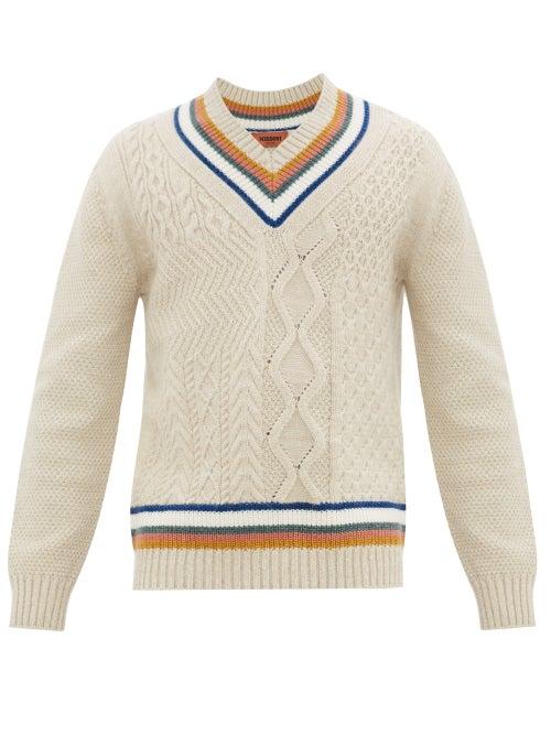 Matchesfashion.com Missoni - Striped Cable Knit V Neck Sweater - Mens - Cream