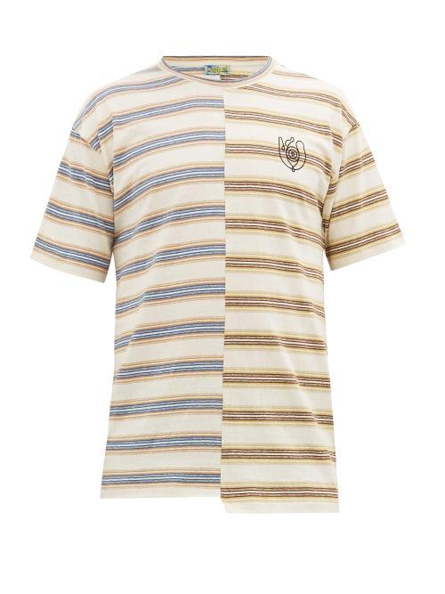 Matchesfashion.com Eye/loewe/nature - Eln Asymmetric Logo-print Striped Cotton T-shirt - Mens - Multi