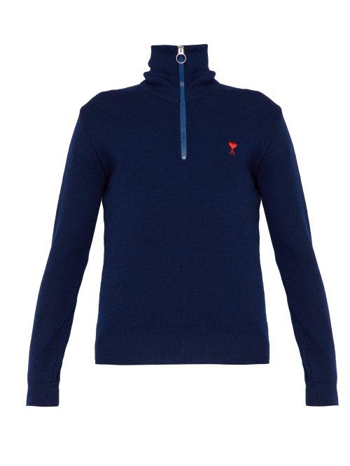 Matchesfashion.com Ami - Trucker Pass Zip Up Wool Sweater - Mens - Navy