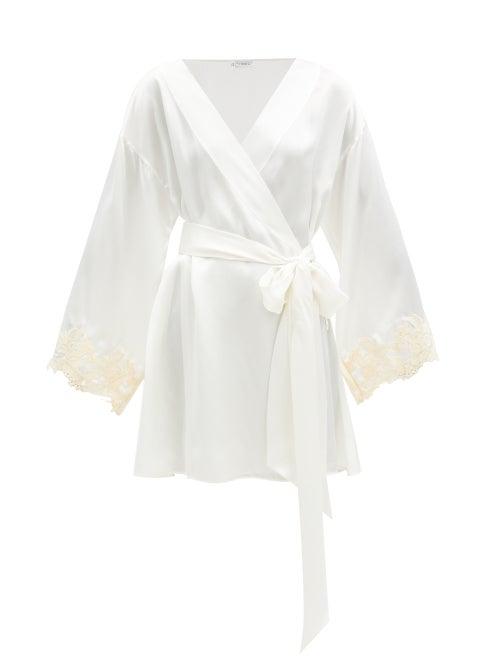 Ladies Lingerie La Perla - Maison Short Lace-trim Silk-satin Robe - Womens - Ivory