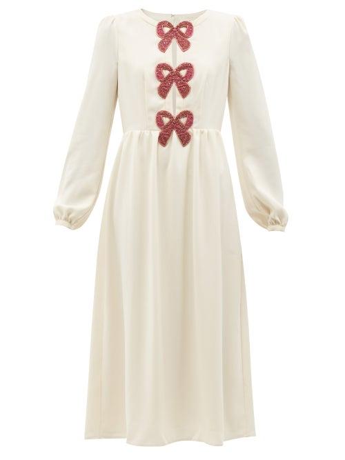 Saloni - Camille Crystal-bow Crepe Midi Dress - Womens - White Multi