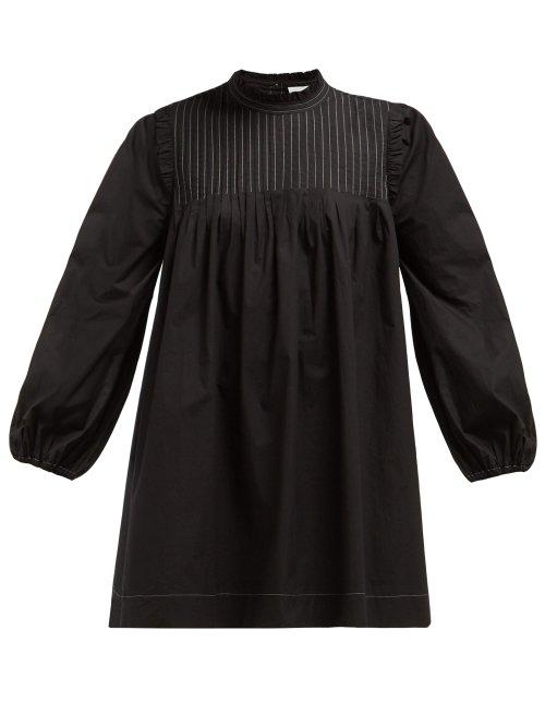 Matchesfashion.com Ganni - Slate Pintucked Cotton Poplin Dress - Womens - Black