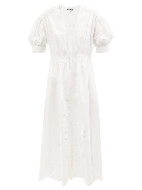 Ladies Rtw Ganni - Puff-sleeve Broderie-anglaise Organic-cotton Dress - Womens - White